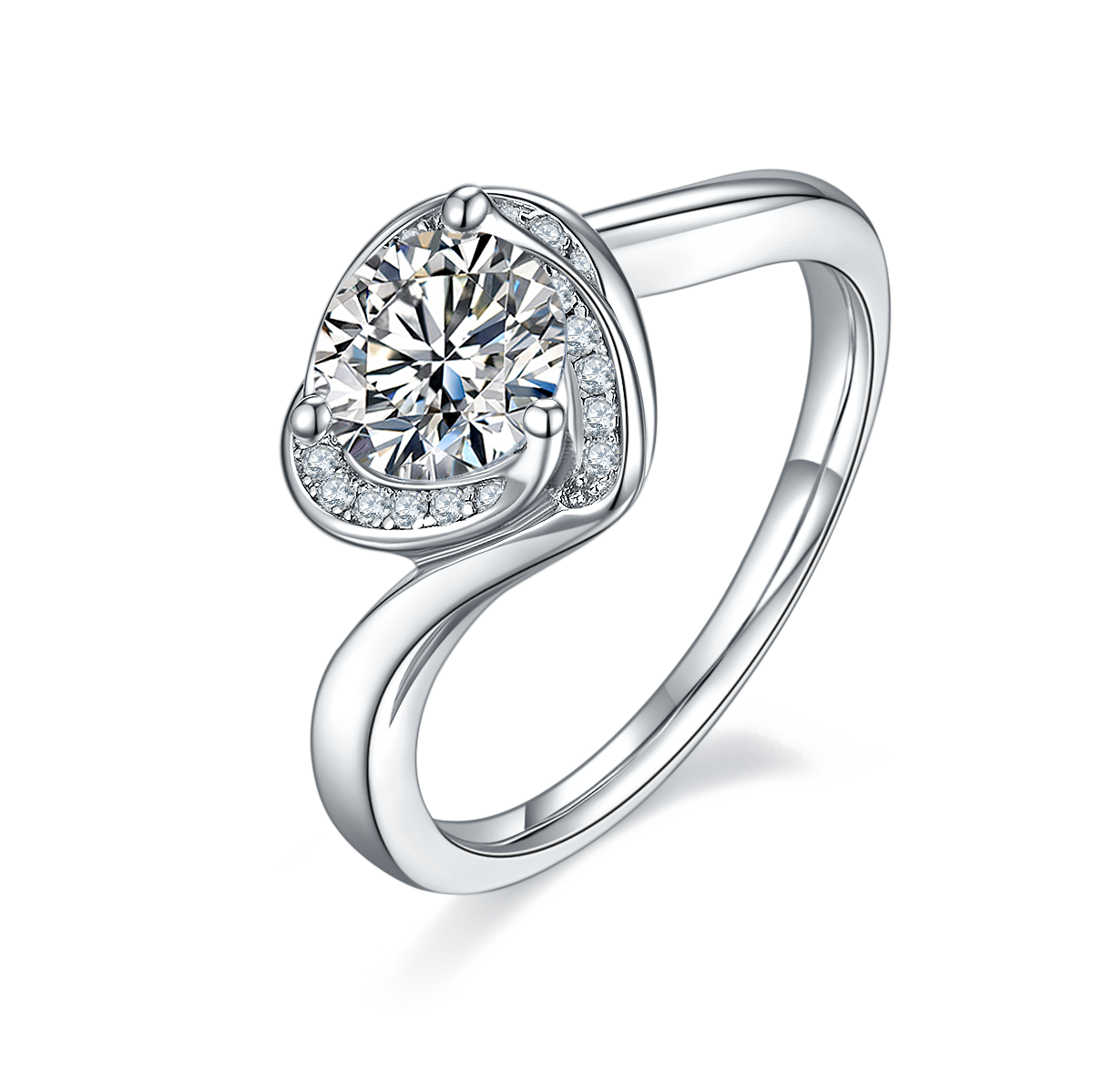 1.0 CT D Color Moissanite Blooming Heart Ring in White Gold Plated Sterling Silver#0