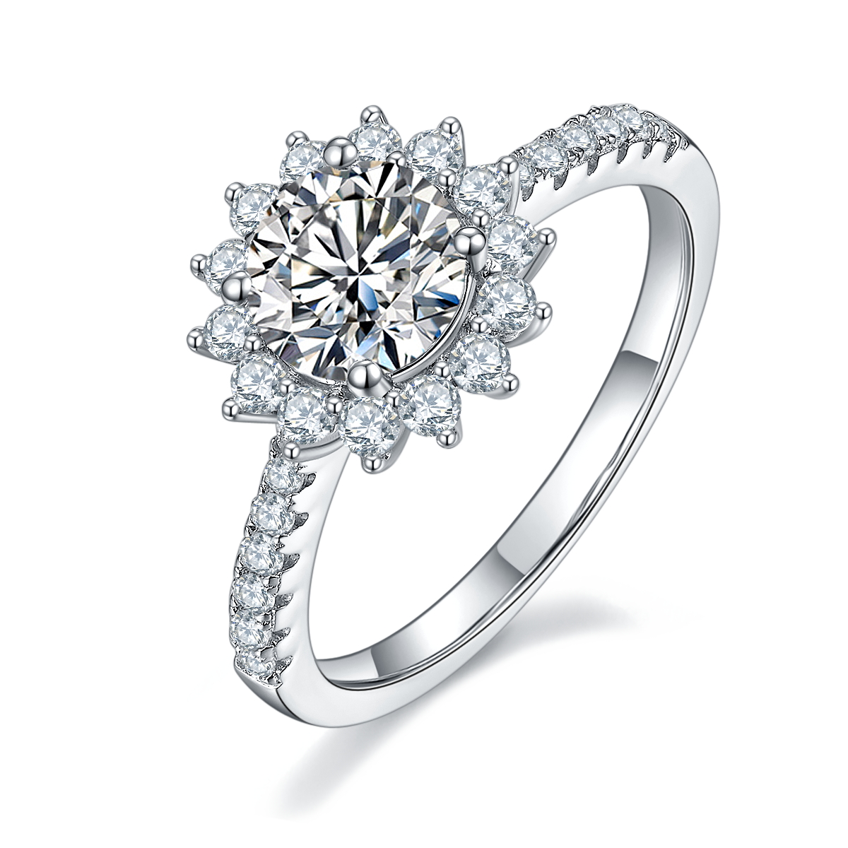1.0 CT D Color Moissanite Sunflower Custom Ring in White Gold Plated Sterling Silver#0