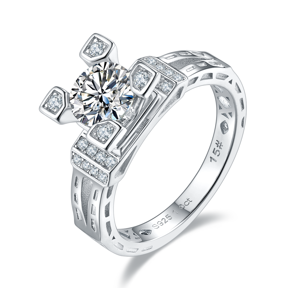 1.0 CT D Color Moissanite Eiffel Tower Custom Ring in White Gold Plated Sterling Silver#0