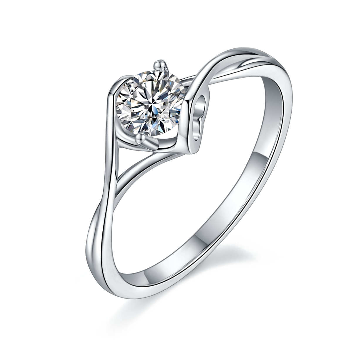 0.5 CT D Color Moissanite Angel Kiss Twisted Shank Ring in White Gold Plated Sterling Silver#0
