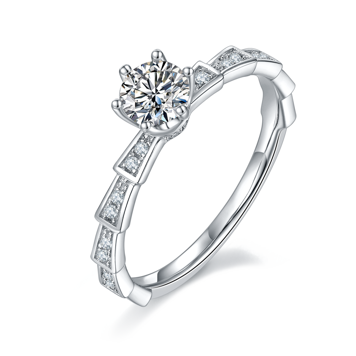 0.5 CT D Color Moissanite Pave Mechanical Snake Ring in White Gold Plated Sterling Silver#0