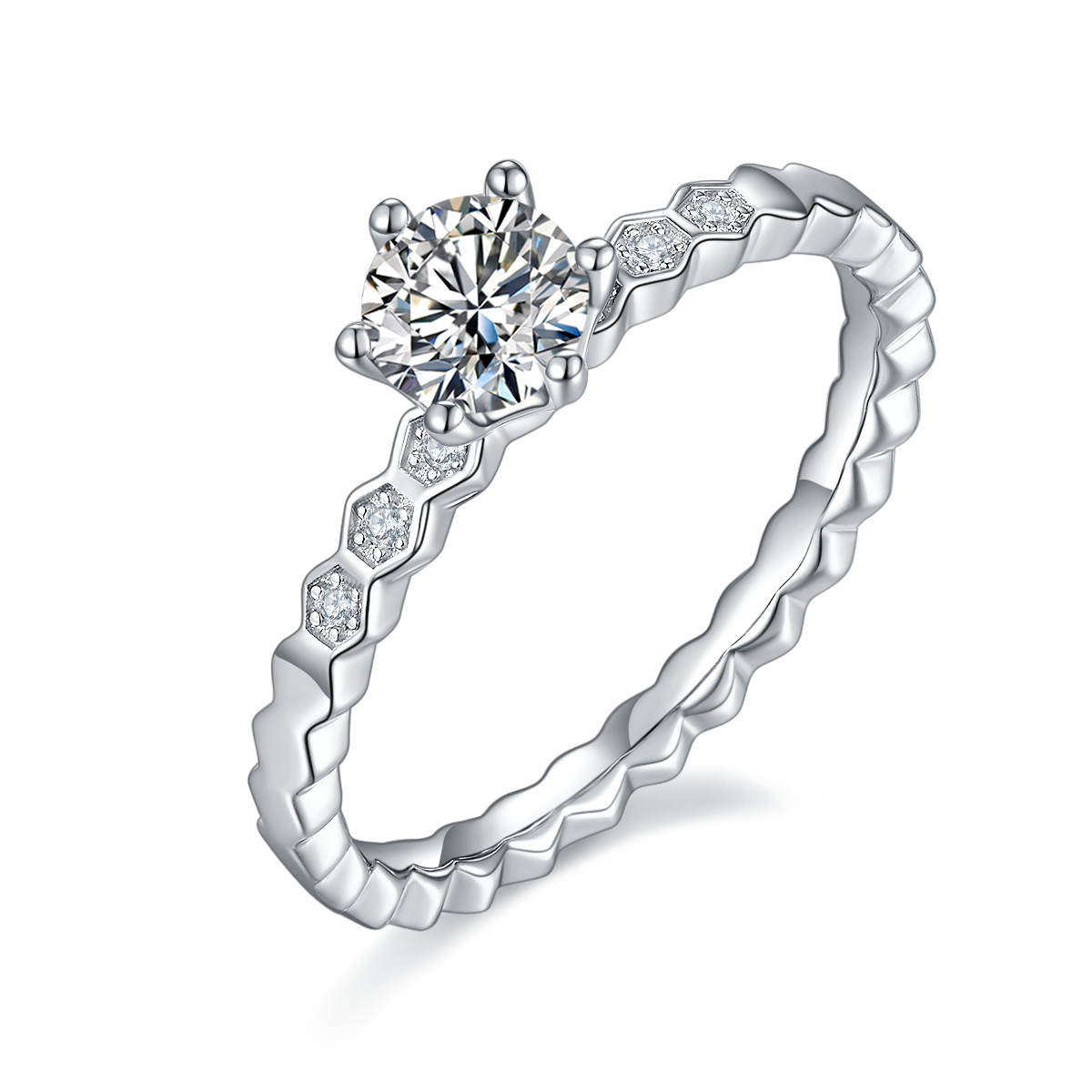 0.5 CT D Color Moissanite Honeycomb Straight Shank Ring in White Gold Plated Sterling Silver#0