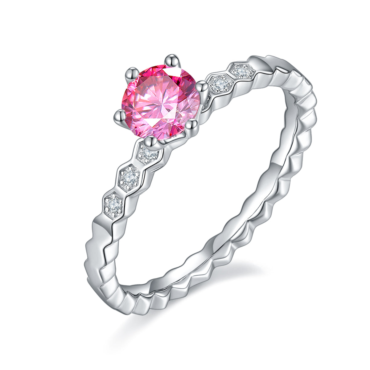 0.5 CT D Color Moissanite Honeycomb Straight Shank Ring in White Gold Plated Sterling Silver#2