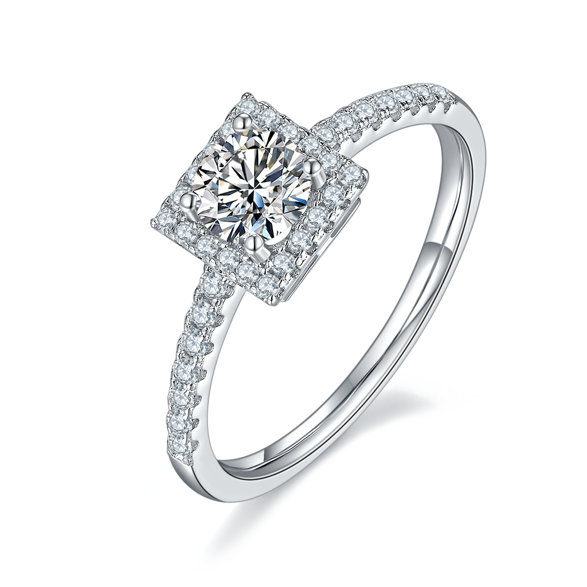 0.5 CT D Color Square Bezel Set Moissanite Halo Ring in White Gold Plated Sterling Silver#0