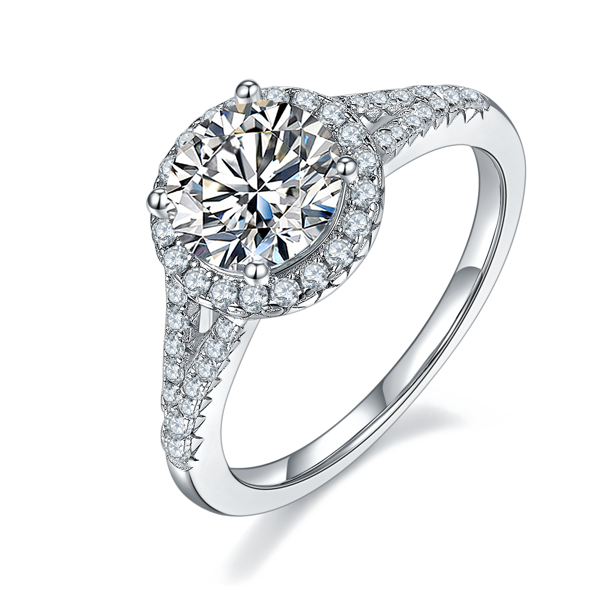 1.5 CT D Color Bezel Set Moissanite Split Shank Ring in White Gold Plated Sterling Silver#0