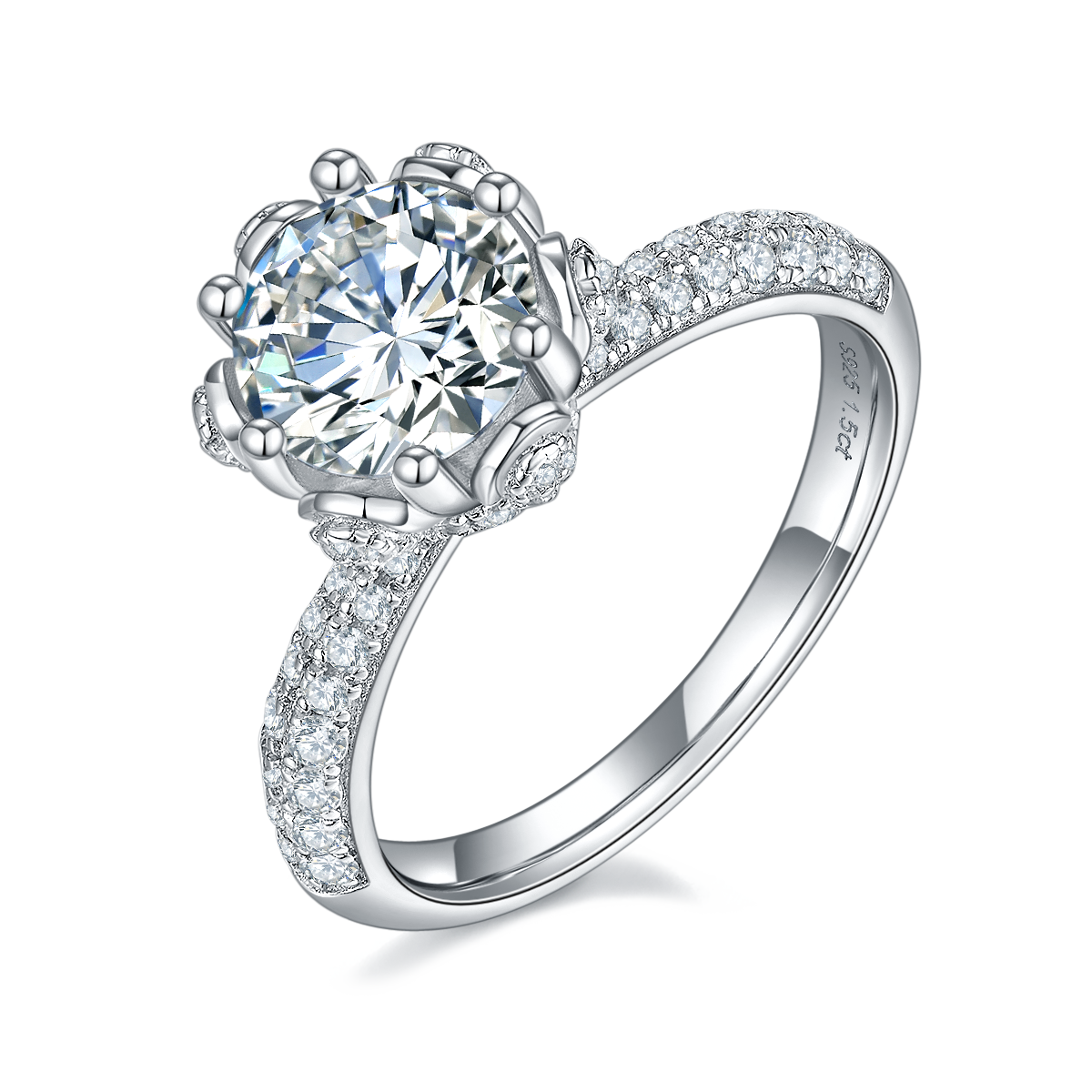 1.5 CT D Color Moissanite Flora Halo Straight Shank Custom Ring in White Gold Plated Sterling Silver#0