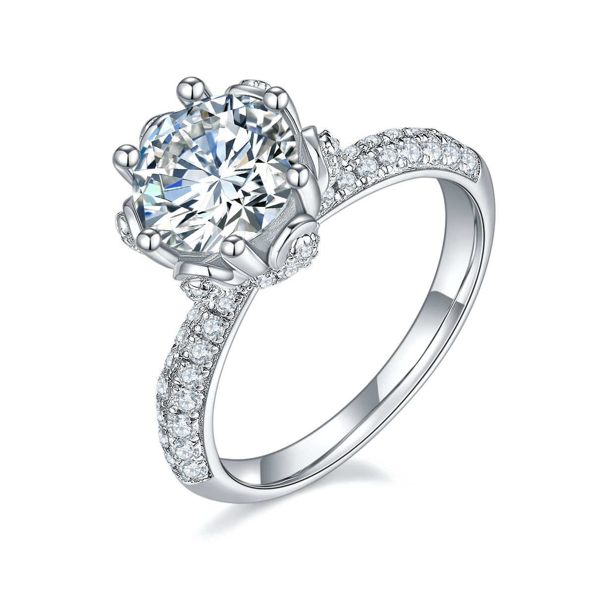 2.0 CT D Color Moissanite Flora Halo Straight Shank Custom Ring in White Gold Plated Sterling Silver#0