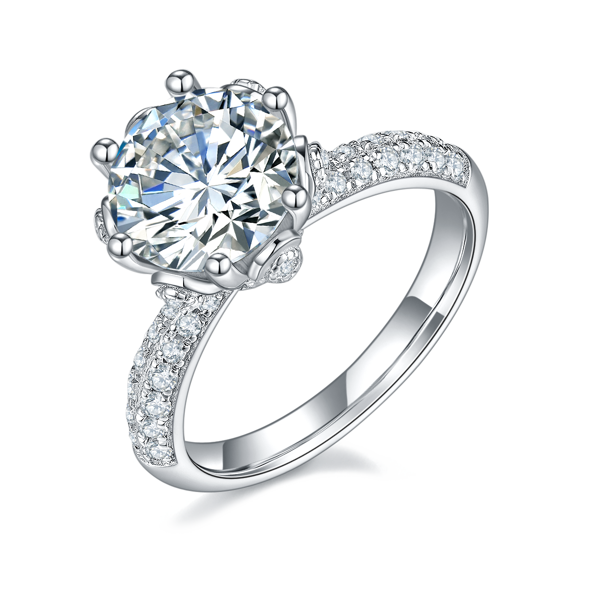 3.0 CT D Color Moissanite Flora Halo Straight Shank Custom Ring in White Gold Plated Sterling Silver#0