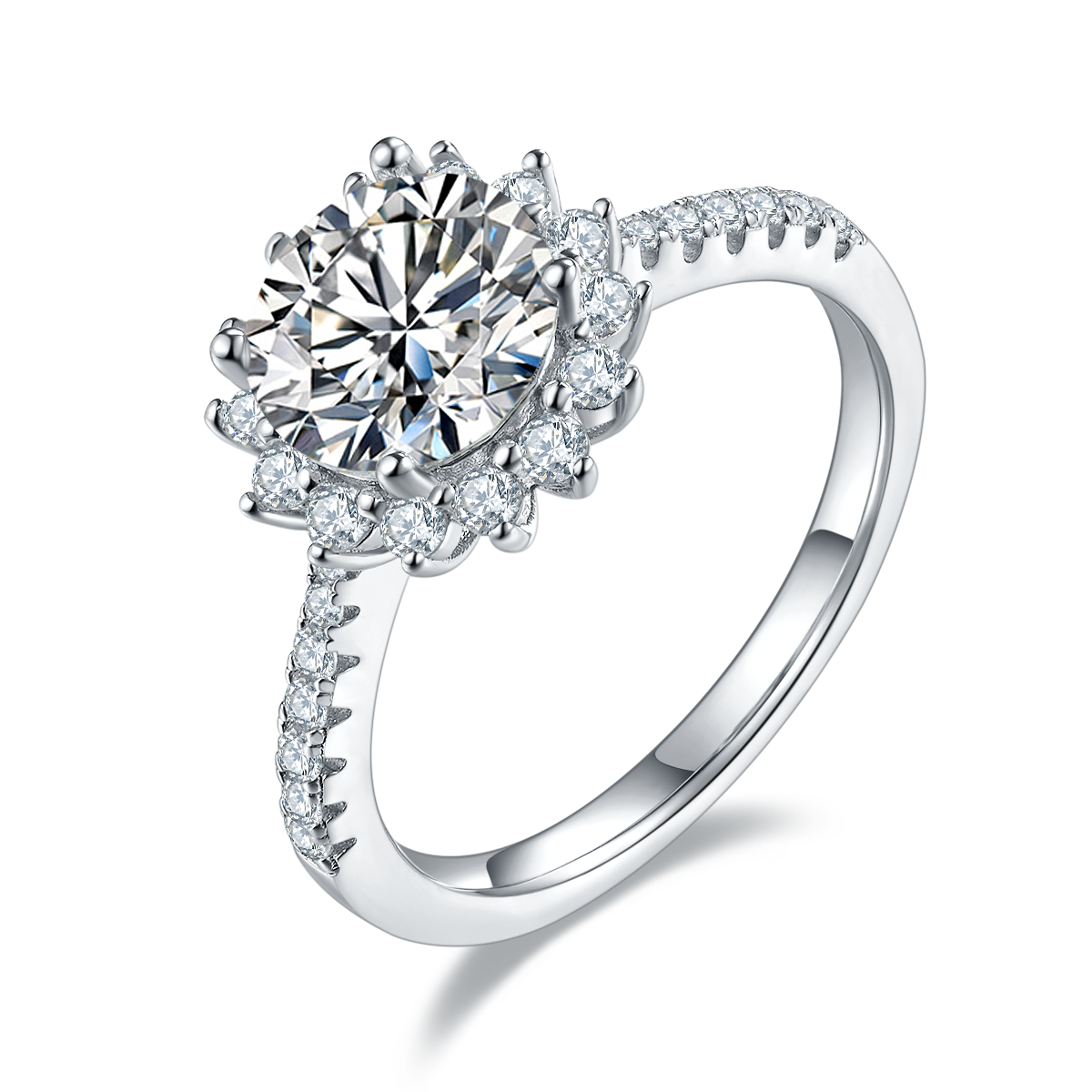 2.0 CT D Color Moissanite Sunflower Custom Ring in White Gold Plated Sterling Silver#0