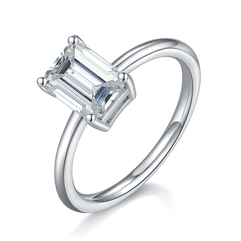 2.0 CT D Color Emerald Cut Moissanite Classic Ring in White Gold Plated Sterling Silver#0