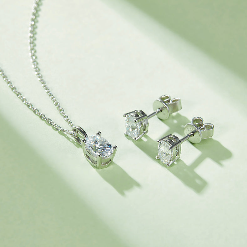 Oval Cut Moissanite Classic Pendant & Stud Earrings Set in White Gold Plated Sterling Silver#10