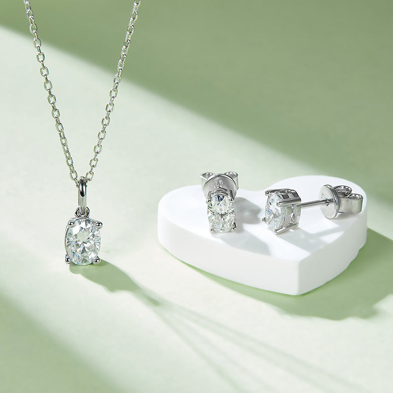 Oval Cut Moissanite Classic Pendant & Stud Earrings Set in White Gold Plated Sterling Silver#9