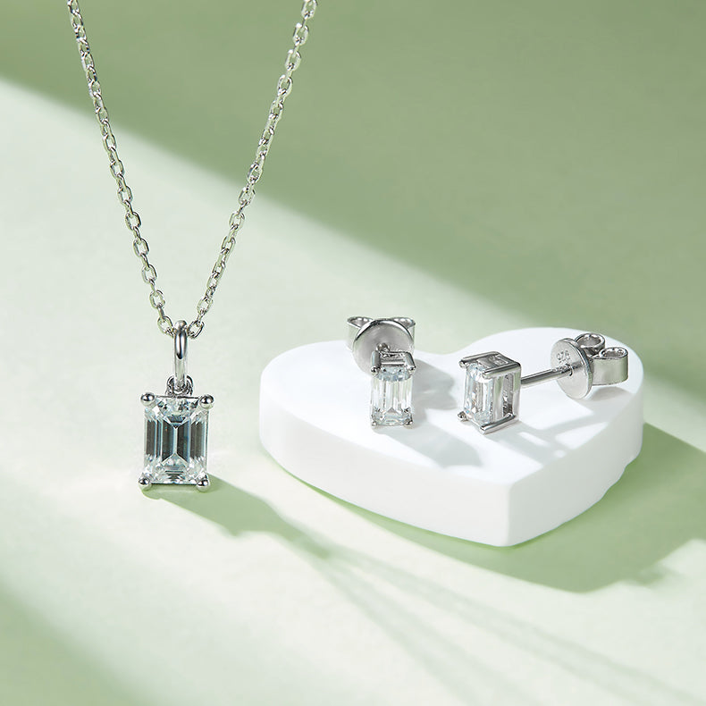 Emerald Cut Moissanite Classic Pendant & Stud Earrings Set in White Gold Plated Sterling Silver#9