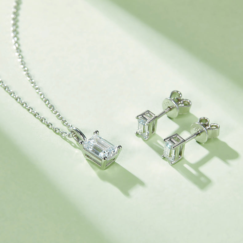 Emerald Cut Moissanite Classic Pendant & Stud Earrings Set in White Gold Plated Sterling Silver#10