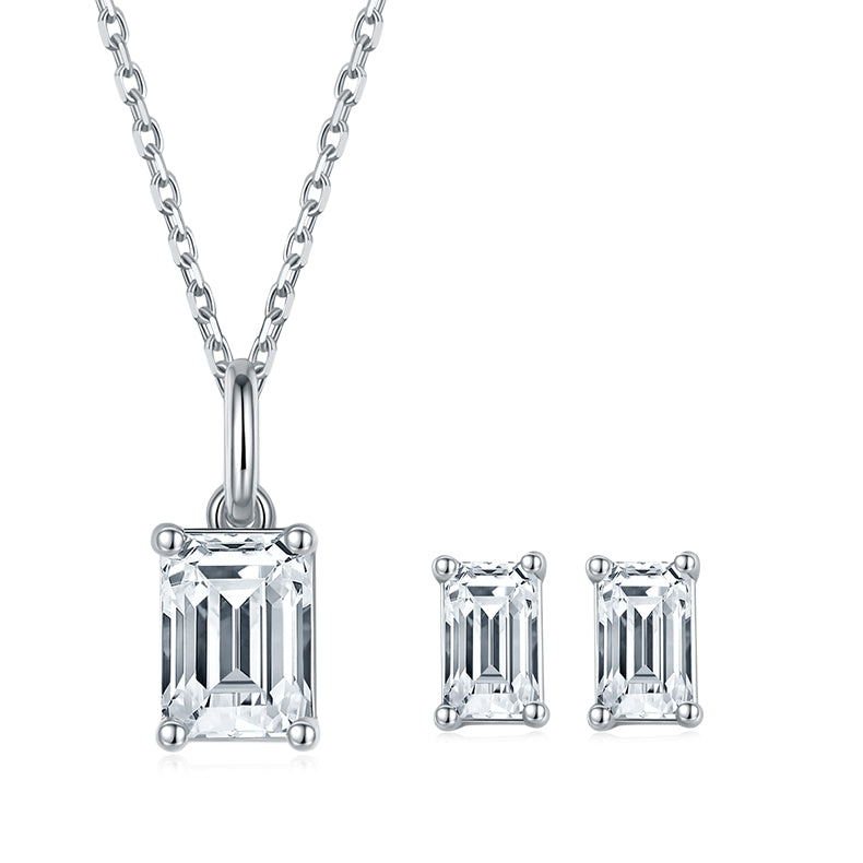 Emerald Cut Moissanite Classic Pendant & Stud Earrings Set in White Gold Plated Sterling Silver#6