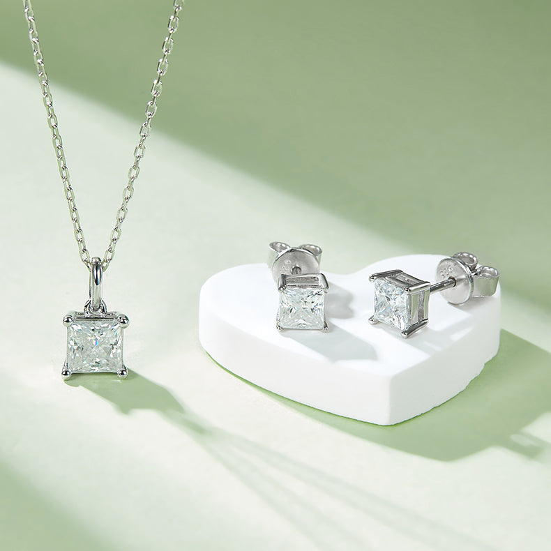 Princess Cut Moissanite Classic Pendant & Stud Earrings Set in White Gold Plated Sterling Silver#9