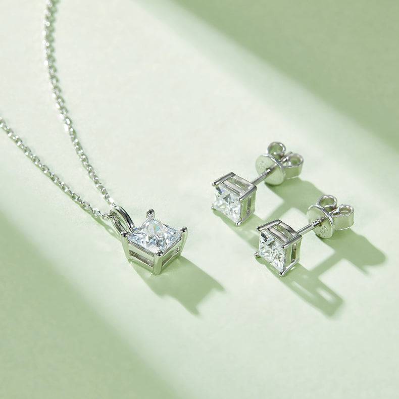 Princess Cut Moissanite Classic Pendant & Stud Earrings Set in White Gold Plated Sterling Silver#10