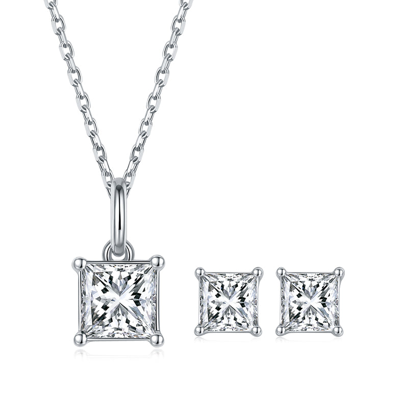Princess Cut Moissanite Classic Pendant & Stud Earrings Set in White Gold Plated Sterling Silver#6