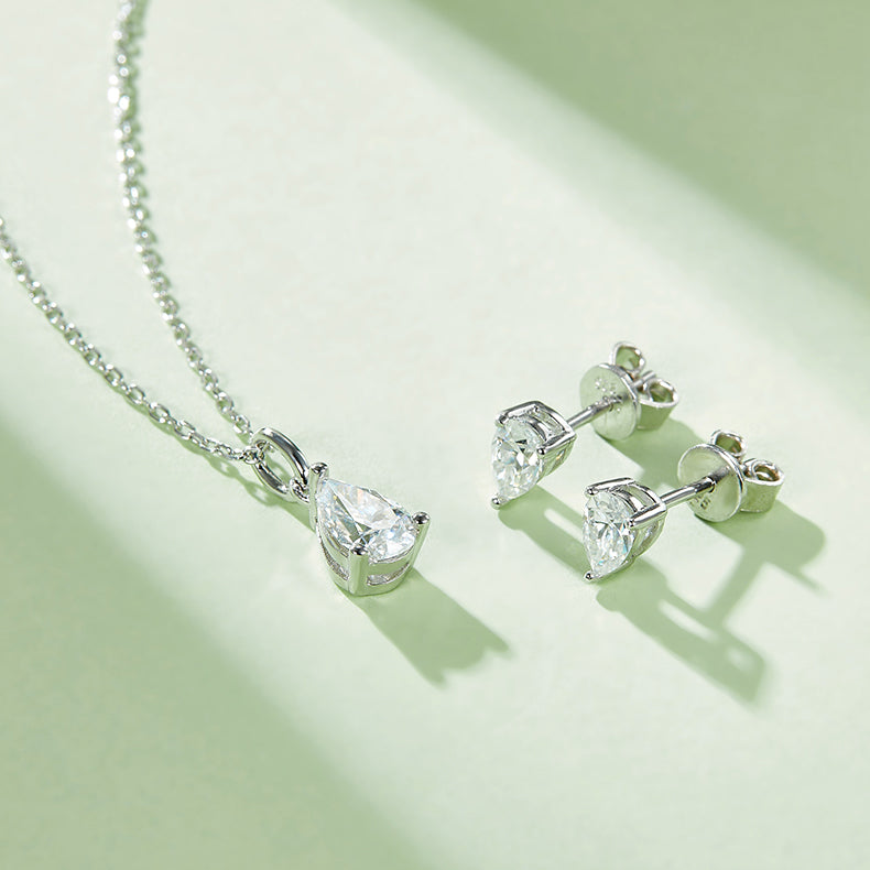 Pear Cut Moissanite Classic Pendant & Stud Earrings Set in White Gold Plated Sterling Silver#10