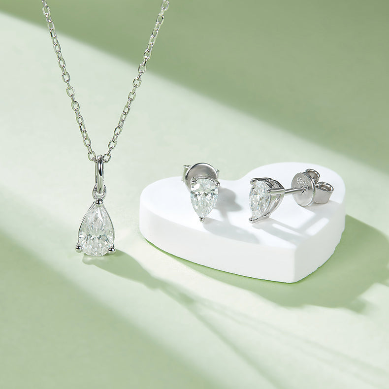 Pear Cut Moissanite Classic Pendant & Stud Earrings Set in White Gold Plated Sterling Silver#9