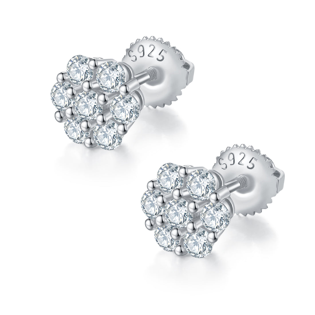 0.84 CT D Color Moissanite Melee Round Cut Plum Blossom Screw Back Studs in Sterling Silver#0