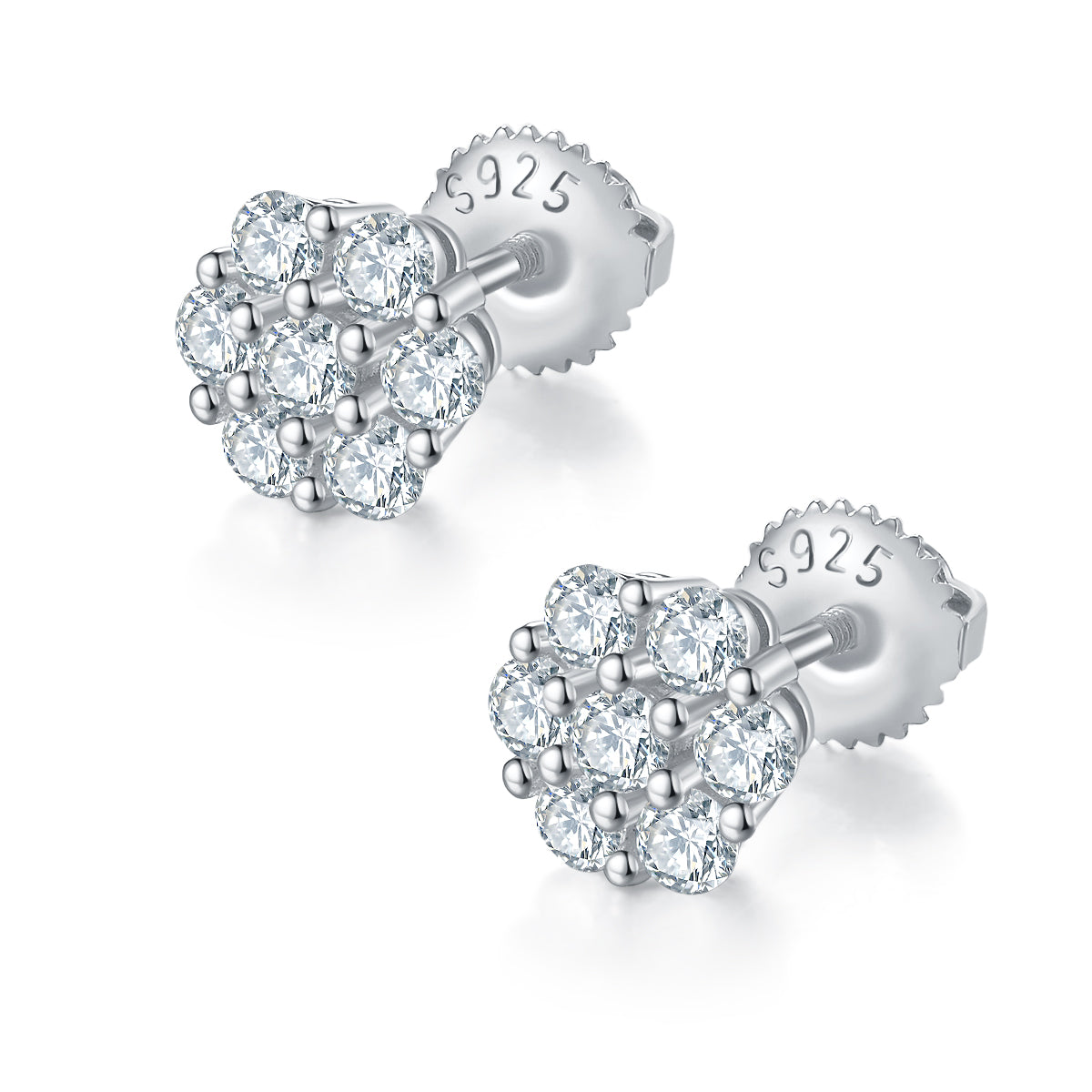 0.84 CT D Color Moissanite Melee Round Cut Plum Blossom Screw Back Studs in Sterling Silver#0