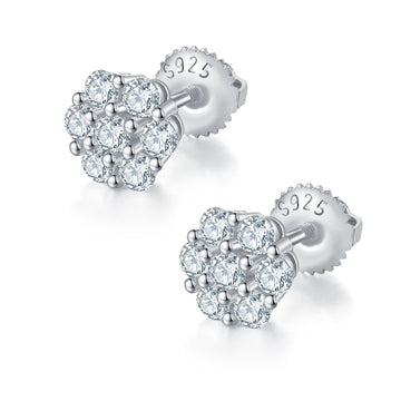 0.84 CT D Color Moissanite Melee Round Cut Plum Blossom Screw Back Studs in Sterling Silver#0