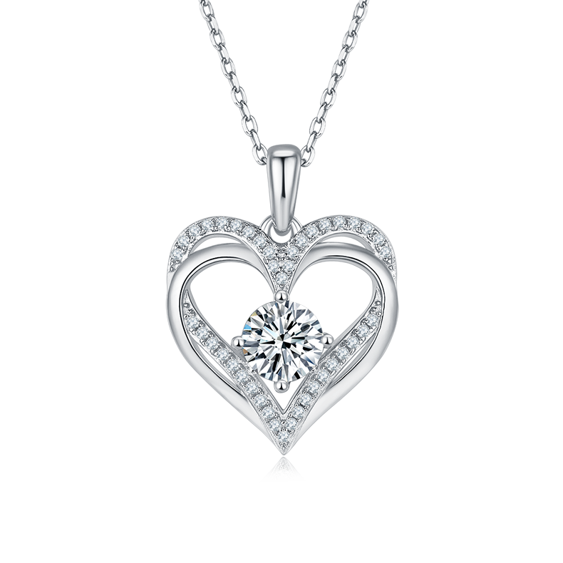 1.2 CT D Color Moissanite Melee Round Heart Pendant in Sterling Silver#0
