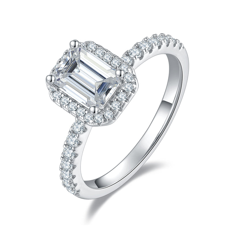 1.0 CT D Color Emerald Cut Moissanite Dainty Ring in White Gold Plated Sterling Silver#0