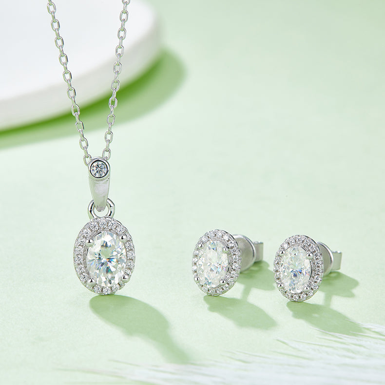 Oval Cut Moissanite Dainty Pendant & Stud Earrings Set in White Gold Plated Sterling Silver#7