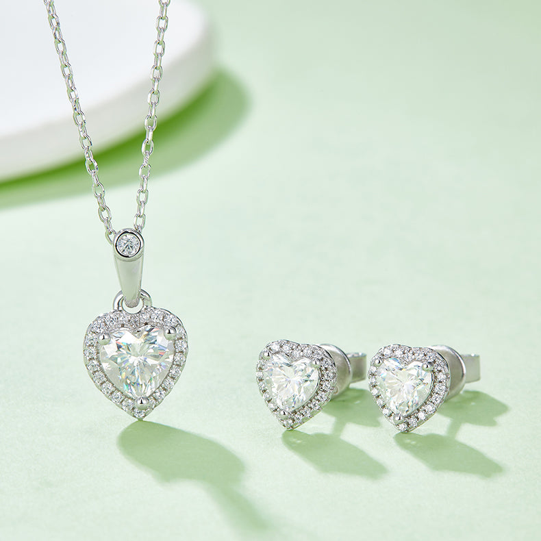 Heart Cut Moissanite Dainty Pendant & Stud Earrings Set in White Gold Plated Sterling Silver#7