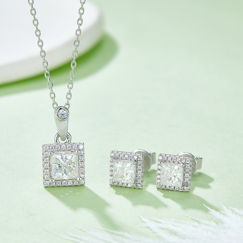 Princess Cut Moissanite Dainty Pendant & Stud Earrings Set in White Gold Plated Sterling Silver#7
