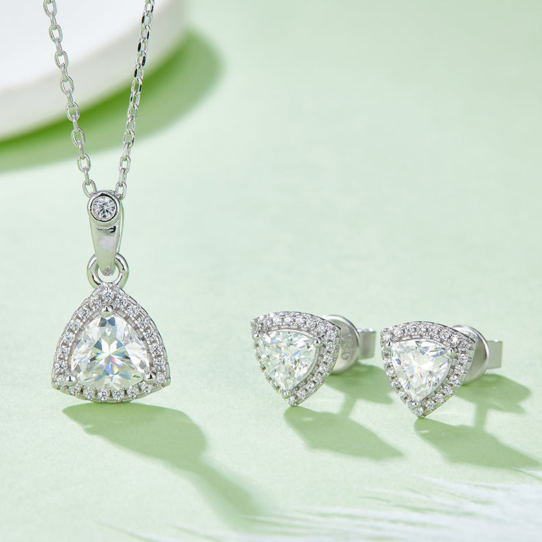 Trillion Cut Moissanite Dainty Pendant & Stud Earrings Set in White Gold Plated Sterling Silver#7
