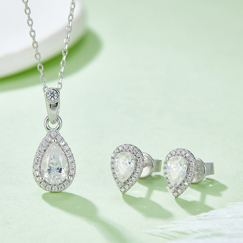 Pear Cut Moissanite Dainty Pendant & Stud Earrings Set in White Gold Plated Sterling Silver#7