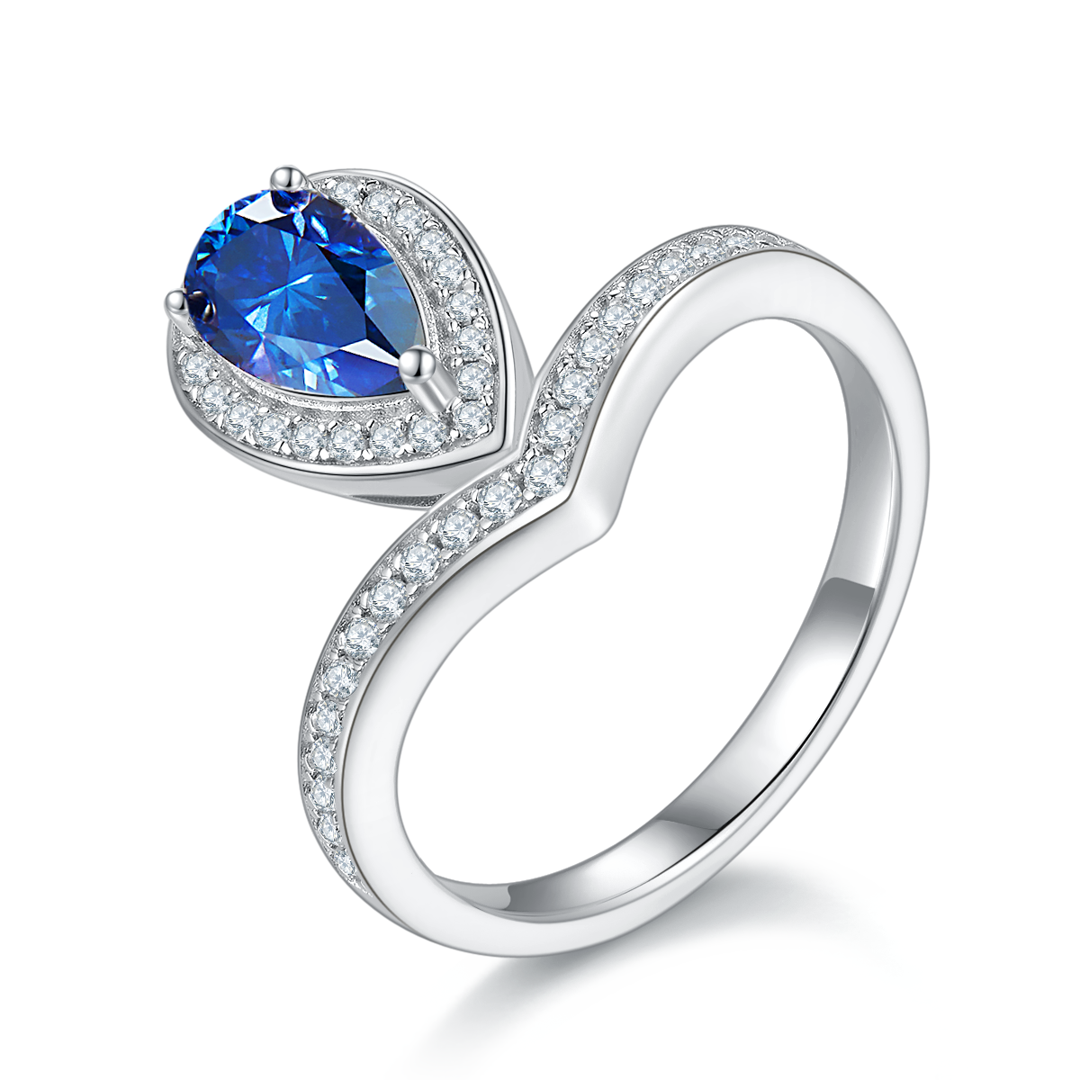 1.0 CT D Color Colored Moissanite V-Shaped Tiger Prong Pear Ring in White Gold Plated Sterling Silver#3