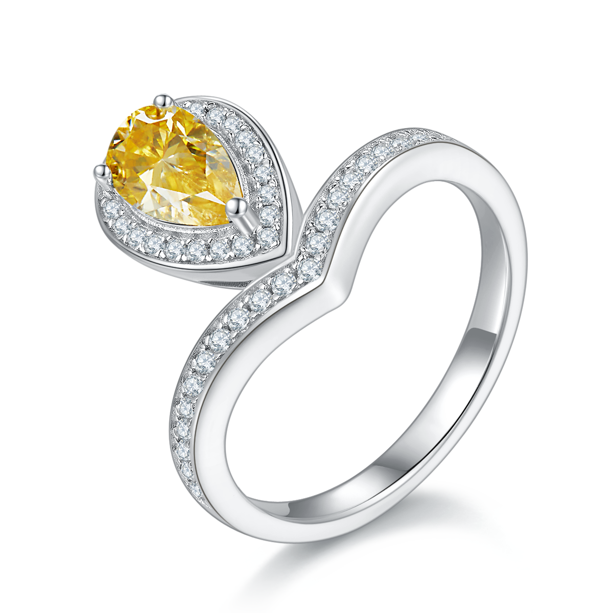 1.0 CT D Color Colored Moissanite V-Shaped Tiger Prong Pear Ring in White Gold Plated Sterling Silver#1