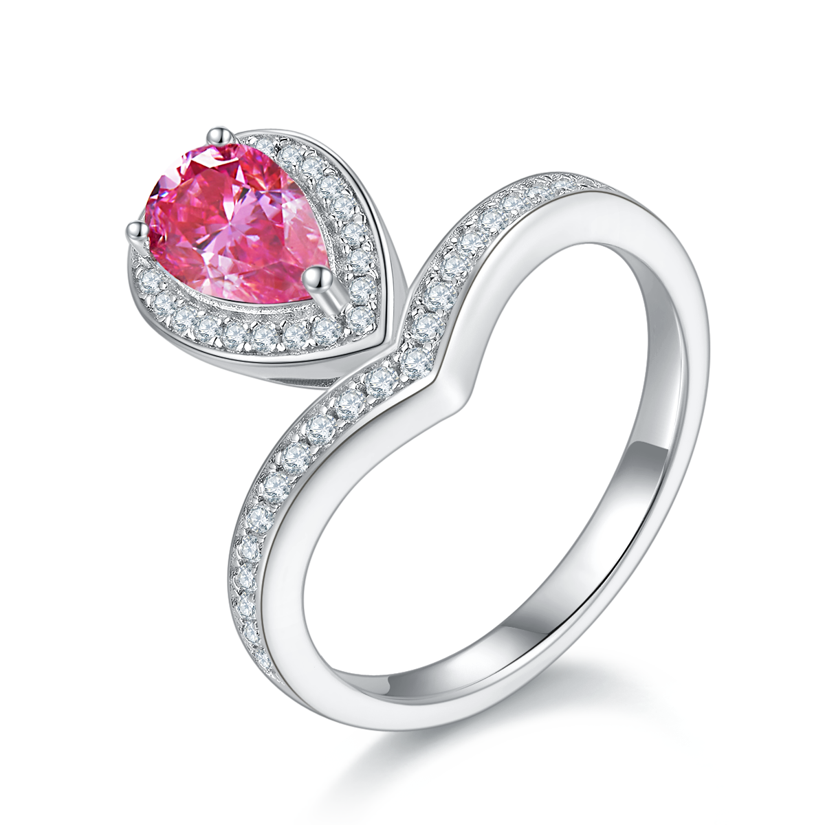 1.0 CT D Color Colored Moissanite V-Shaped Tiger Prong Pear Ring in White Gold Plated Sterling Silver#2