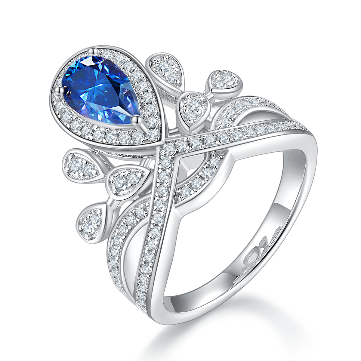 1.0 CT D Color Colored Moissanite V-Shaped Crown Pear Ring in White Gold Plated Sterling Silver#3