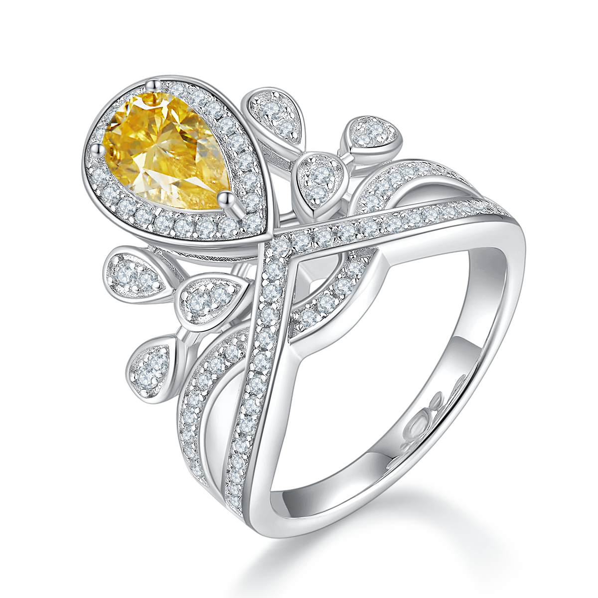 1.0 CT D Color Colored Moissanite V-Shaped Crown Pear Ring in White Gold Plated Sterling Silver#1