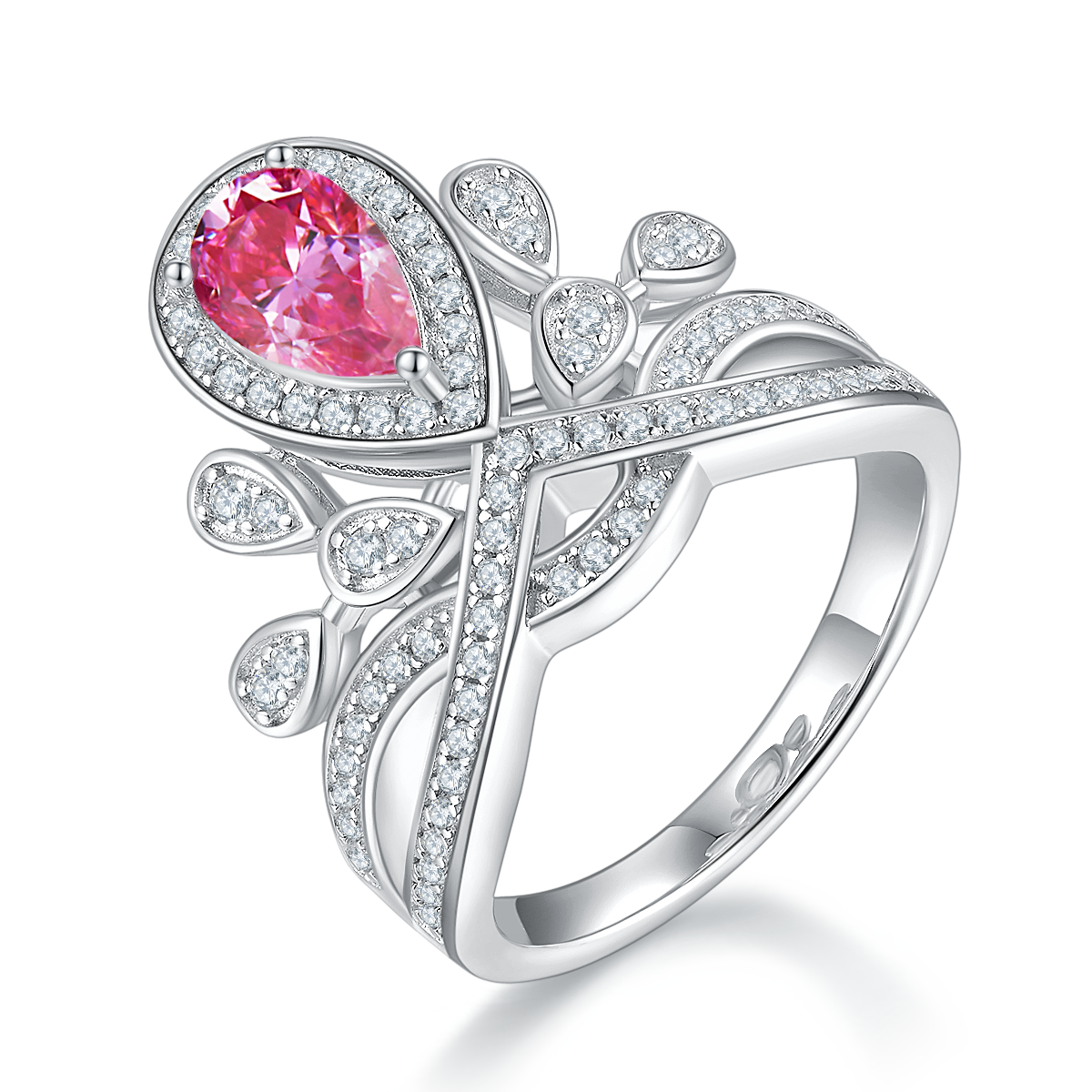 1.0 CT D Color Colored Moissanite V-Shaped Crown Pear Ring in White Gold Plated Sterling Silver#2