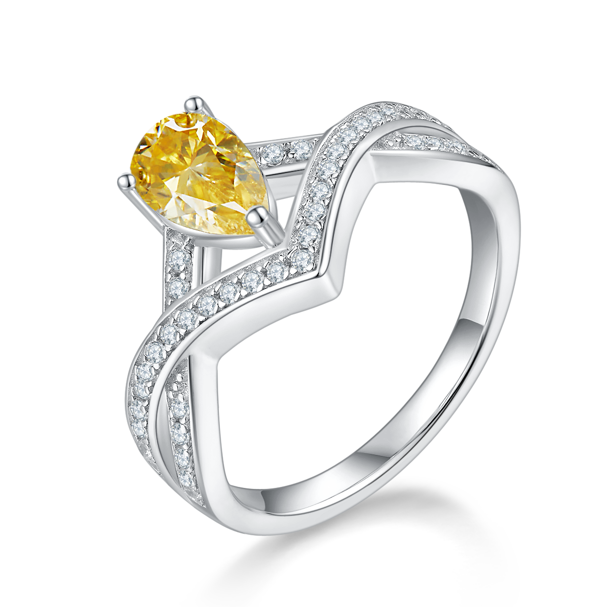 1.0 CT D Color Colored Moissanite V-Shaped Lock of Love Pear Ring in White Gold Plated Sterling Silver#1