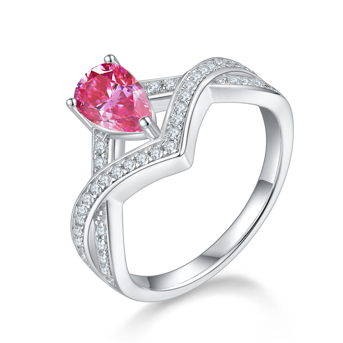 1.0 CT D Color Colored Moissanite V-Shaped Lock of Love Pear Ring in White Gold Plated Sterling Silver#2