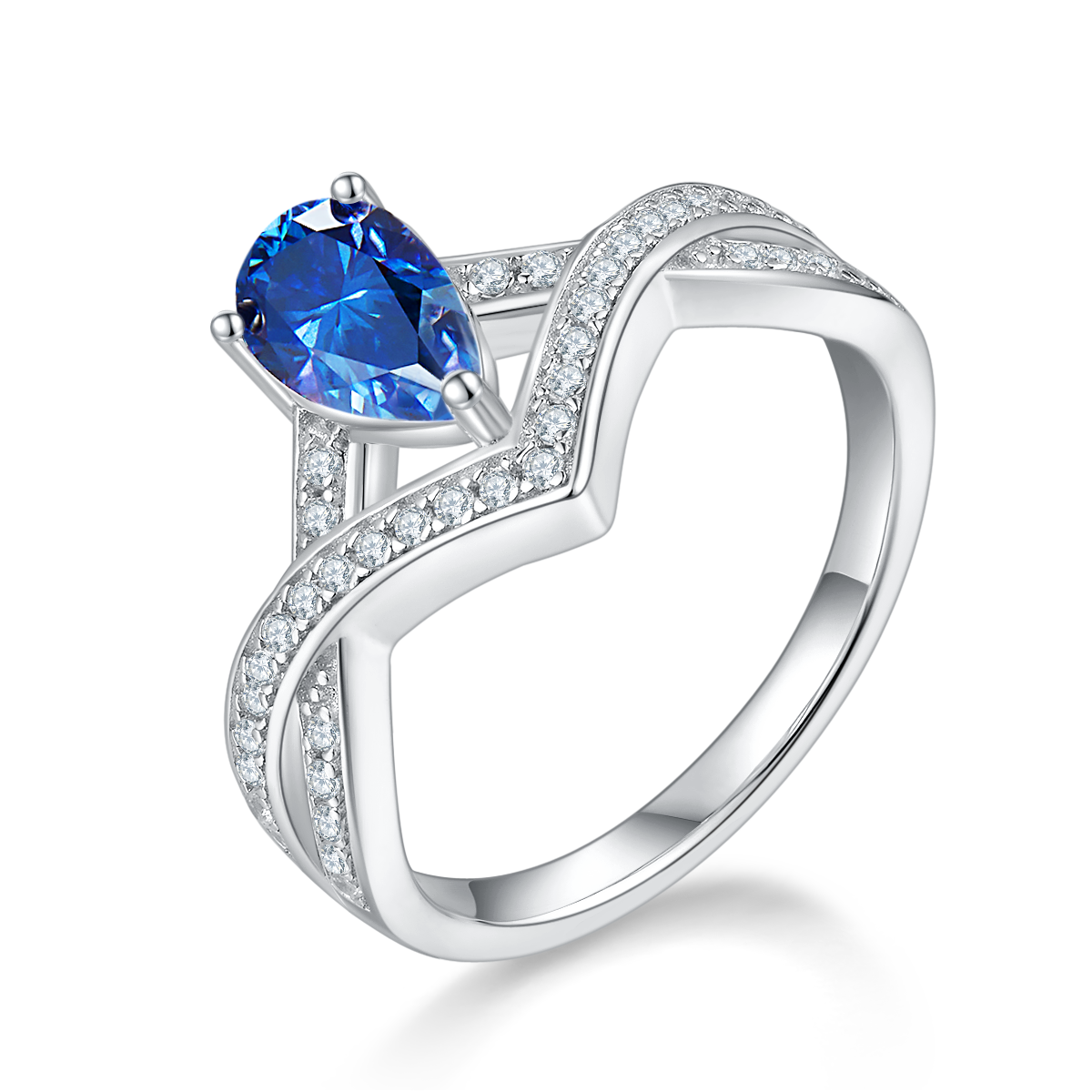 1.0 CT D Color Colored Moissanite V-Shaped Lock of Love Pear Ring in White Gold Plated Sterling Silver#3