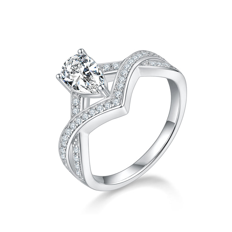 1.0 CT D Color Colored Moissanite V-Shaped Lock of Love Pear Ring in White Gold Plated Sterling Silver#0