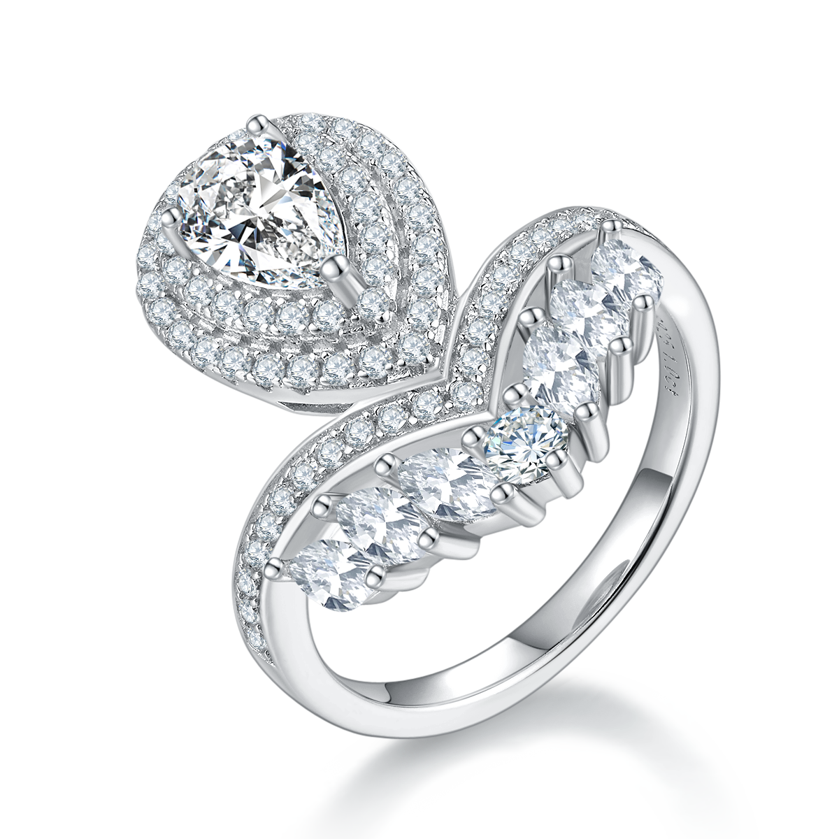 1.0 CT D Color Colored Moissanite V-Shaped Pearl Pear Drop Ring in White Gold Plated Sterling Silver#0