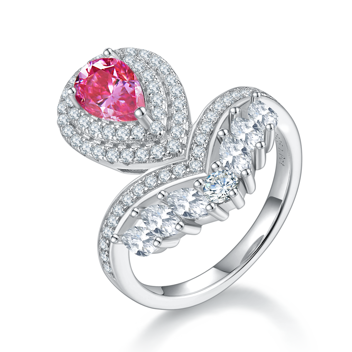 1.0 CT D Color Colored Moissanite V-Shaped Pearl Pear Drop Ring in White Gold Plated Sterling Silver#2