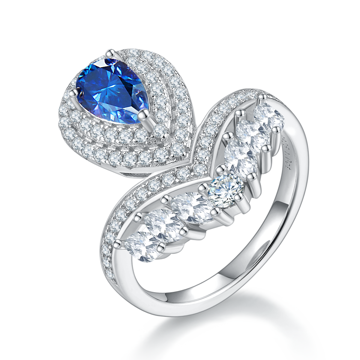 1.0 CT D Color Colored Moissanite V-Shaped Pearl Pear Drop Ring in White Gold Plated Sterling Silver#3