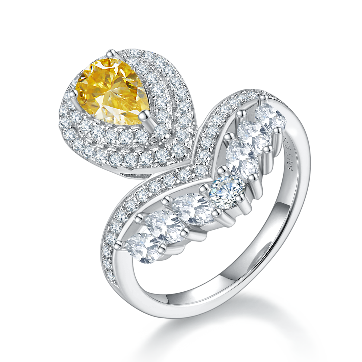 1.0 CT D Color Colored Moissanite V-Shaped Pearl Pear Drop Ring in White Gold Plated Sterling Silver#1
