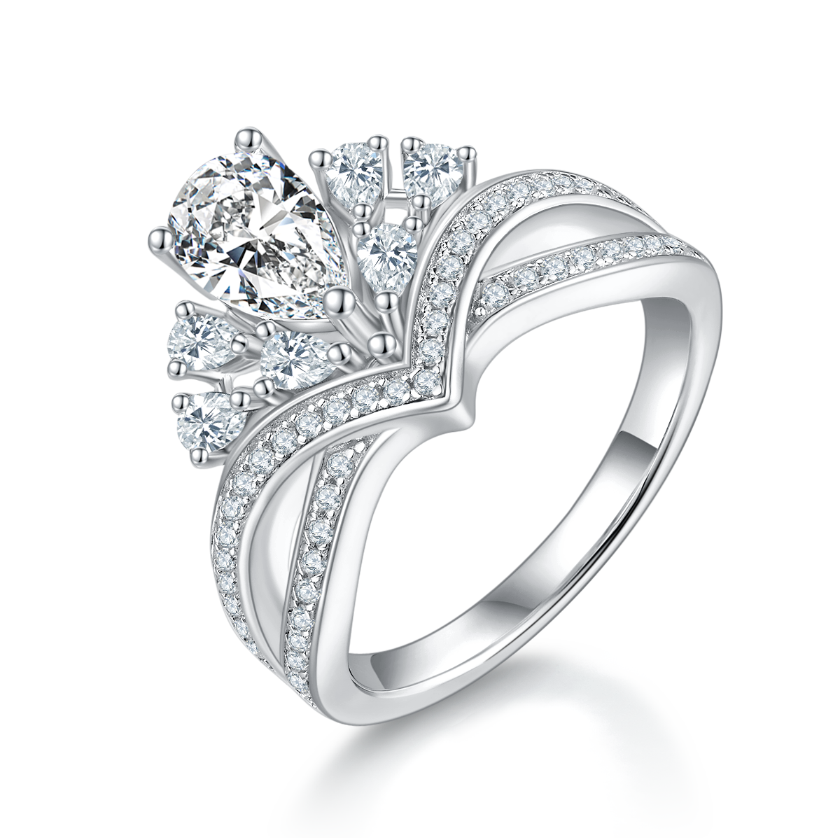1.0 CT D Color Colored Moissanite V-Shaped Elegant Pear Drop Ring in White Gold Plated Sterling Silver#0