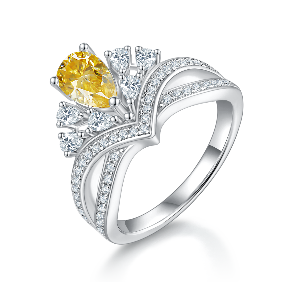 1.0 CT D Color Colored Moissanite V-Shaped Elegant Pear Drop Ring in White Gold Plated Sterling Silver#1